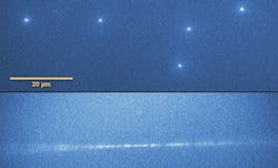 Tracks of heavy ions 'imprinted' in lithium fluoride crystals. At the top, spot tracks observed under a fluorescence microscope in plates perpendicular to the heavy ion beam. At the bottom, the ion tracks in the parallel oriented plate (the blurring at both ends of the trace is an artifact of the depth of focus of the microscope). False colors. Tracks of heavy ions 'imprinted' in lithium fluoride crystals. At the top, spot tracks observed under a fluorescence microscope in plates perpendicular to the heavy ion beam. At the bottom, the ion tracks in the parallel oriented plate (the blurring at both ends of the trace is an artifact of the depth of focus of the microscope). False colors.