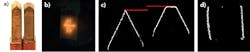 FIGURE 2. A demonstration of OCT application for pre-process control of hairpins shows a photo of the hairpins before welding (a); an OCT scan trajectory (b); an OCT image serving for detection of vertical hairpins’ misalignment, shape, and gap position (c); and an OCT image showing lateral misalignment in a hairpin couple (d). FIGURE 2. A demonstration of OCT application for pre-process control of hairpins shows a photo of the hairpins before welding (a); an OCT scan trajectory (b); an OCT image serving for detection of vertical hairpins’ misalignment, shape, and gap position (c); and an OCT image showing lateral misalignment in a hairpin couple (d).