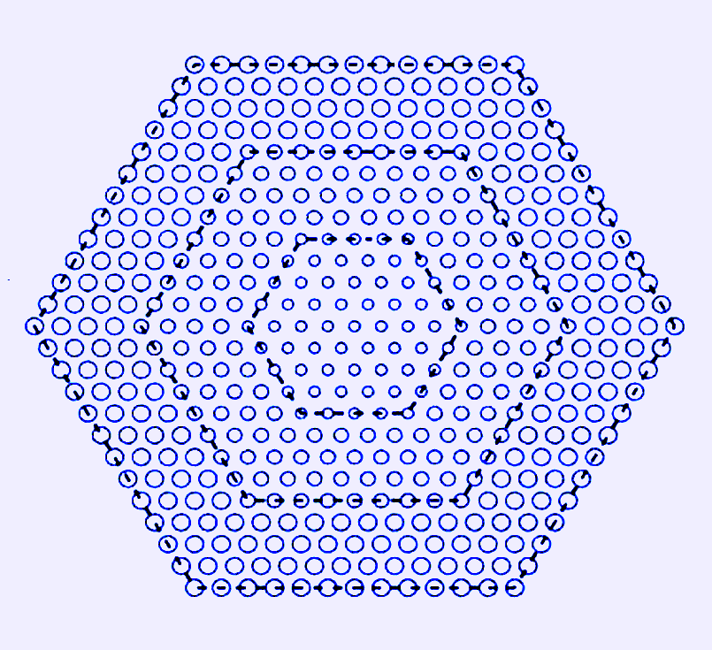 A photonic crystal (PhC) with a heterostructure cavity achieves double resonance even though it has only one bandgap, not two; the second resonance is provided by a &ldquo;bound state in the continuum&rdquo; (BIC). The heterostructure cavity includes a core, a transition region, and an outer region (delineated here by dotted lines). The relevant resonant mode is confined to the core region. Creating such a PhC out of a nonlinear optical material allows PhC-based optical frequency doubling for the first time.
