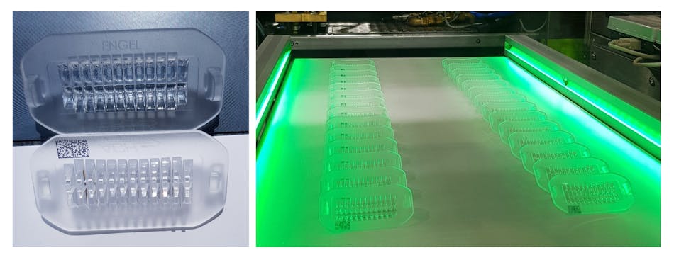 FIGURE 8. This demonstration part by Engel-ACH Hefner (Fischlham, Austria) is a silicone optic with 2 &times; 12 light guides molded from SILASTIC MS-1002 moldable silicone.