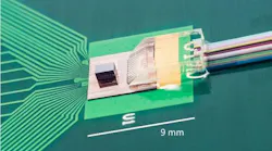 Photograph of a through-silicon-via (TSV)-assisted fin field-effect transistor (FinFET) CMOS/Si photonics transceiver prototype.