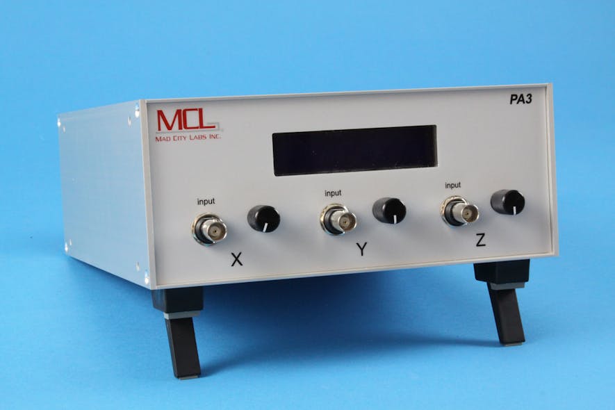 PA3 3 channel amplifier for piezoactuators. Copyright Mad City Labs Inc.
