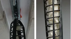 FIGURE 1. The home-built vibration isolation system is suspended from the ceiling using steel springs (a); additional damping is provided by latex gloves (b).