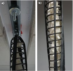 FIGURE 1. The home-built vibration isolation system is suspended from the ceiling using steel springs (a); additional damping is provided by latex gloves (b).