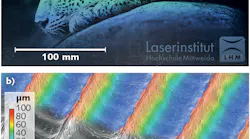 FIGURE 1. Machining examples demonstrate the potential of high-rate laser microprocessing technology: a large-area ripple-textured AISI 304 stainless-steel surface for bioinspired surface functionalization (a); an aluminum airfoil profile covered with microtextured riblet formations for drag reduction (b).