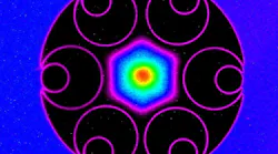 Microscopic cross-section of the record-setting low-loss hollow-core fiber. Thin hollow glass cylinders shown in pink run the length of the fiber, effectively creating bars that prevent the hexagonal light modes trapped in the center of the air-filled core from leaking into the glass. The hollow core, defined by the inner edges of the cylinders, is 37 µm across.