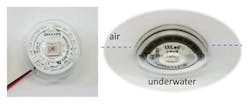 FIGURE 9. Philips UV-C LED sterilizing module within its SILASTIC MS-1003 Moldable Silicone optic. It is half underwater in the photo on the right.