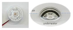 FIGURE 9. Philips UV-C LED sterilizing module within its SILASTIC MS-1003 Moldable Silicone optic. It is half underwater in the photo on the right. FIGURE 9. Philips UV-C LED sterilizing module within its SILASTIC MS-1003 Moldable Silicone optic. It is half underwater in the photo on the right.