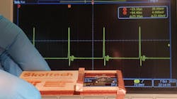 A drop of electrolyte on a transparent film of carbon nanotubes. A drop of electrolyte on a transparent film of carbon nanotubes.