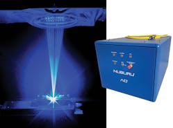 FIGURE 3. Beams from Nuburu&rsquo;s blue AO-500 direct-diode laser (inset) are focused on a weld target. The laser has a BPP of 30 mm-mrad.