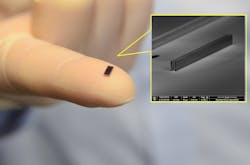FIGURE 3. The distance between the two rows of pillars in this laser-based microchip particle accelerator is only 420 nm. FIGURE 3. The distance between the two rows of pillars in this laser-based microchip particle accelerator is only 420 nm.