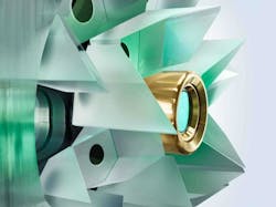 Shown is a commercial thin-​disk head. The disk is surrounded by monolithic prisms that route the pump beam between reflections. Shown is a commercial thin-​disk head. The disk is surrounded by monolithic prisms that route the pump beam between reflections.