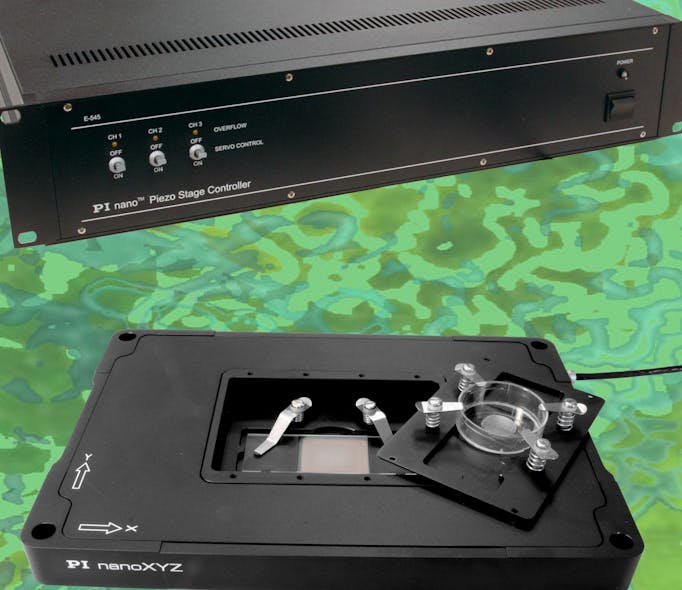 FIGURE 3. The PInano XYZ Piezo flexure-guided nanopositioning system for super-resolution microscopy is equipped with low-cost piezoresistive sensors and a turret-turn geometry slide holder that eliminates interference of the stage with the microscope objective. The system features a 24-bit piezo controller with TCP/IP, USB, and analog interfaces, and offers travel ranges from 75 &micro;m for ultrahigh-speed real-time particle tracking to 400 &micro;m for long-range nanopositioning. A long-travel (1 in.) piezomotor upgrade is optional. For higher stability and linearity, capacitance sensor feedback instead of the piezoresistive sensors is also available.