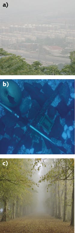 FIGURE 1. A test dataset for hazy images consists of a city view (a), a turbid underwater view (b), and a forest scene (c). FIGURE 1. A test dataset for hazy images consists of a city view (a), a turbid underwater view (b), and a forest scene (c).