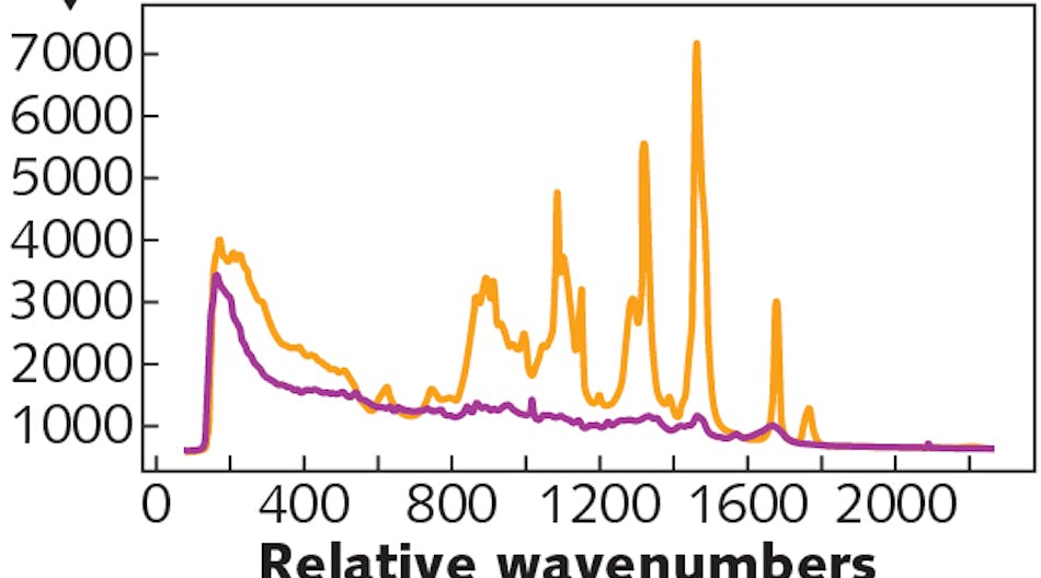 FIGURE 1. Raman spectra of lipid-rich fat tissue (orange) and protein-rich muscle tissue (purple); the broadband, autofluorescence background is clearly visible in both spectra, each of which was collected using a similar acquisition time.