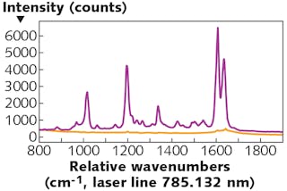 FIGURE 2. SERS spectrum using gold nanoparticles; the signal enhancement of the SERS spectrum (purple) compared to the standard spectrum (orange) is clearly visible. Both spectra were acquired using the same experimental settings.