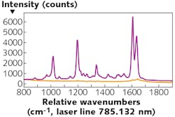 FIGURE 2. SERS spectrum using gold nanoparticles; the signal enhancement of the SERS spectrum (purple) compared to the standard spectrum (orange) is clearly visible. Both spectra were acquired using the same experimental settings. FIGURE 2. SERS spectrum using gold nanoparticles; the signal enhancement of the SERS spectrum (purple) compared to the standard spectrum (orange) is clearly visible. Both spectra were acquired using the same experimental settings.