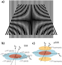 Structured illumination microscopy (SIM) provides spatial superresolution through analysis of the Moire pattern that results when two frequencies overlap (a). SIM expands the spatial reciprocal domain (b), while pSIM expands both the spatial and angular reciprocal domains (c). Structured illumination microscopy (SIM) provides spatial superresolution through analysis of the Moire pattern that results when two frequencies overlap (a). SIM expands the spatial reciprocal domain (b), while pSIM expands both the spatial and angular reciprocal domains (c).