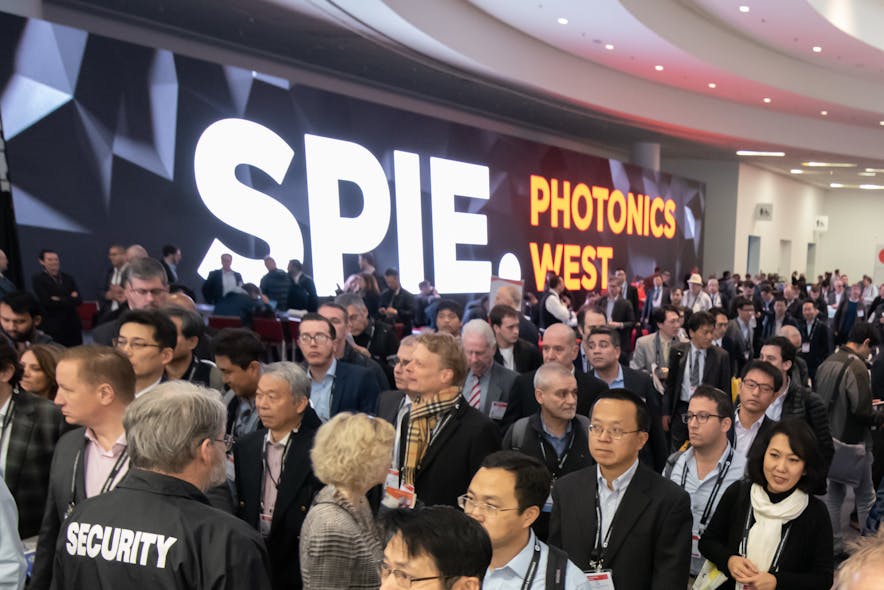 FIGURE 1. A sizable crowd assembles as they await the opening of the 2019 SPIE Photonics West exhibition.