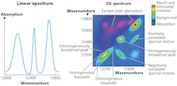 FIGURE 1. A 2D electronic spectrum contains many different types of information. FIGURE 1. A 2D electronic spectrum contains many different types of information.