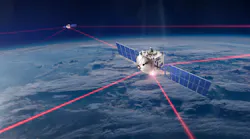 FIGURE 1. Laser links between pairs of satellites in low-Earth orbit would provide the backbone for a global wireless network, with radio links to the Earth.