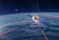 FIGURE 1. Laser links between pairs of satellites in low-Earth orbit would provide the backbone for a global wireless network, with radio links to the Earth.