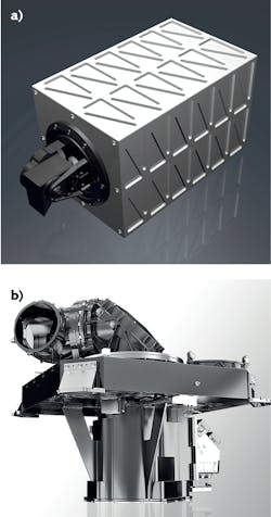 FIGURE 4. Tesat laser terminals are shown where (a) is the 10 Gbit/s TOSIRIS terminal for low-Earth orbit to ground transmission and (b) is the LCT135 terminal for transmission between geosynchronous satellites separated by up to 80,000 km. FIGURE 4. Tesat laser terminals are shown where (a) is the 10 Gbit/s TOSIRIS terminal for low-Earth orbit to ground transmission and (b) is the LCT135 terminal for transmission between geosynchronous satellites separated by up to 80,000 km.
