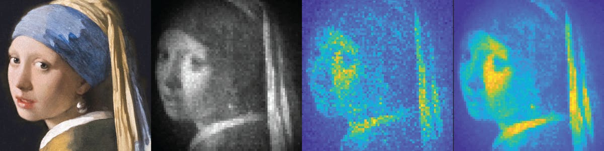 Draper has developed numerous hardware and software systems to support autonomous vehicle lidar. In addition to a new single-photon detector, Draper&rsquo;s Hemera system can image using very few laser pulses. Compared to the original &lsquo;Girl with a Pearl Earring&rsquo; image, Hemera lidar is shown using 100 laser pulses per pixel in greyscale, using a single laser pulse per pixel, and finally using 100 laser pulses per pixel (left to right).