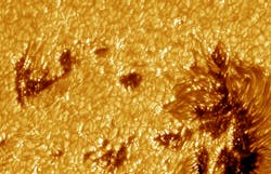 Sunspots are the most visible effects of magnetic activity. They appear dark because they are cooler than the surrounding photosphere. A Mikrotron camera is helping the Swedish Solar Telescope observe these sunspots and other solar behavior. Sunspots are the most visible effects of magnetic activity. They appear dark because they are cooler than the surrounding photosphere. A Mikrotron camera is helping the Swedish Solar Telescope observe these sunspots and other solar behavior.