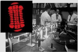 Bell Labs has a long history of invention, including the first gas laser in 1962, a He-Ne laser, created by Alan White and Dane Rigden. Here, Alan White (center) is with two colleagues and a more powerful version of the red He-Ne laser at Bell Labs in 1963; the inset shows the output beam from the original red He-Ne laser operating in a high-order transverse mode. Bell Labs has a long history of invention, including the first gas laser in 1962, a He-Ne laser, created by Alan White and Dane Rigden. Here, Alan White (center) is with two colleagues and a more powerful version of the red He-Ne laser at Bell Labs in 1963; the inset shows the output beam from the original red He-Ne laser operating in a high-order transverse mode.