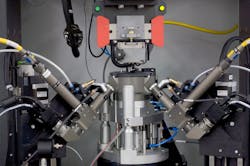 FIGURE 4. A weld optic with a CCD camera and a superimposed crosshair allows for precise positioning of the weld spot in focus position and on the exact border between the two parts to be joined. A dome-shaped air bearing is one proven method to make the parts perfectly plan parallel in order to avoid a gap. FIGURE 4. A weld optic with a CCD camera and a superimposed crosshair allows for precise positioning of the weld spot in focus position and on the exact border between the two parts to be joined. A dome-shaped air bearing is one proven method to make the parts perfectly plan parallel in order to avoid a gap.
