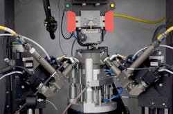 FIGURE 4. A weld optic with a CCD camera and a superimposed crosshair allows for precise positioning of the weld spot in focus position and on the exact border between the two parts to be joined. A dome-shaped air bearing is one proven method to make the parts perfectly plan parallel in order to avoid a gap. FIGURE 4. A weld optic with a CCD camera and a superimposed crosshair allows for precise positioning of the weld spot in focus position and on the exact border between the two parts to be joined. A dome-shaped air bearing is one proven method to make the parts perfectly plan parallel in order to avoid a gap.