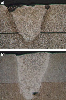 FIGURE 3. Microsections of penetration welds with (a) and without (b) gap; the air gap between the parts disrupts the weld pool. In addition, material flows into the gap and warps the device.