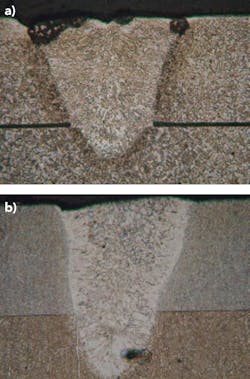 FIGURE 3. Microsections of penetration welds with (a) and without (b) gap; the air gap between the parts disrupts the weld pool. In addition, material flows into the gap and warps the device. FIGURE 3. Microsections of penetration welds with (a) and without (b) gap; the air gap between the parts disrupts the weld pool. In addition, material flows into the gap and warps the device.