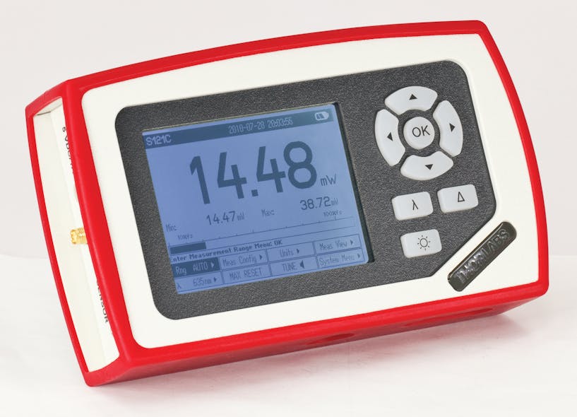 FIGURE 1. The PM100D power meter by Thorlabs for free-space and fiber applications is compatible with more than 25 different power and energy sensors. Depending on the sensor, it can measure optical powers from 100 pW to 250 W and energy from 3 &mu;J to 15 J. When used together with the new ultracompact S150C Series fiber sensor, the PM100D becomes a compact and portable fiber power meter ideal for field or lab applications.