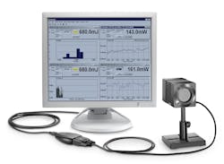FIGURE 3. The Juno from OSI is a versatile compact PEM compatible with any of OSI's 'smart' pyroelectric, thermopile, and photodiode sensors. The Juno can measure from 100 fJ to hundreds of joules, 10 pW to 10 kW, and energy pulses up to 10 kHz from UV to the far IR. Ideal for field and lab applications or as a built-in OEM sensor, it uses an USB port to convert a laptop or desktop PC into a laser PEM. FIGURE 3. The Juno from OSI is a versatile compact PEM compatible with any of OSI's 'smart' pyroelectric, thermopile, and photodiode sensors. The Juno can measure from 100 fJ to hundreds of joules, 10 pW to 10 kW, and energy pulses up to 10 kHz from UV to the far IR. Ideal for field and lab applications or as a built-in OEM sensor, it uses an USB port to convert a laptop or desktop PC into a laser PEM.