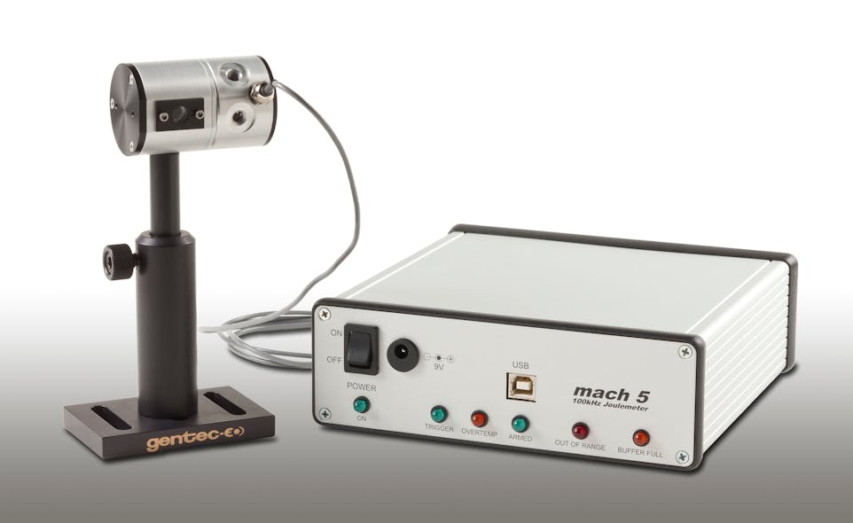 FIGURE 4. The Mach 5 Digital Joulemeter from Gentec-EO is designed to measure pulse energy of high-rep-rate DPSS, Q-switched, and ultrafast fiber lasers up to 130 kHz rep rates with 12 bit accuracy. It can store up to 4 million pulses (40 s of data) at maximum rep rate. Mach 5 probes include pyroelectric, Si, and InGaAs detectors for measuring energy levels from microjoule to millijoule. The system is accurate to 4% and is NIST traceable.