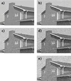 FIGURE 5. Original image Gaussian noise is shown in (a), while added images with sigma are shown in 20 (b), 30 (c), 40 (d), and 50 (e). FIGURE 5. Original image Gaussian noise is shown in (a), while added images with sigma are shown in 20 (b), 30 (c), 40 (d), and 50 (e).