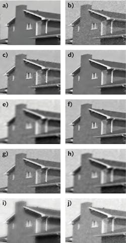 FIGURE 6. Pictured here are visual results for various denoising techniques: Wavelet transform (a); curvature filter (b); Shearlet transform (c); NLM filter (d); Gaussian filter (e); BM3D (f); anisotropic diffusion (g); bilateral filter (h); guided filter (i); and WLS filter at sigma 30 (j).