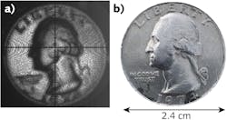 FIGURE 3. The terahertz contrast image of the coin sample consists of 130,000 pixels and was measured within 13 seconds (a). A photograph of the sample provides a direct comparison (b).