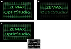 FIGURE 3. In one AR headset optical design modeled in OpticStudio, a hologram couples light into a waveguide that then propagates light from the display into the eye. Here, starting with an input scene (inset), results of ignoring (a) and then considering (b) the efficiency of the waveguide are shown. Note that the more-realistic calculations show worse results for the image; however, a reoptimization produces the desired high-quality image (c). FIGURE 3. In one AR headset optical design modeled in OpticStudio, a hologram couples light into a waveguide that then propagates light from the display into the eye. Here, starting with an input scene (inset), results of ignoring (a) and then considering (b) the efficiency of the waveguide are shown. Note that the more-realistic calculations show worse results for the image; however, a reoptimization produces the desired high-quality image (c).