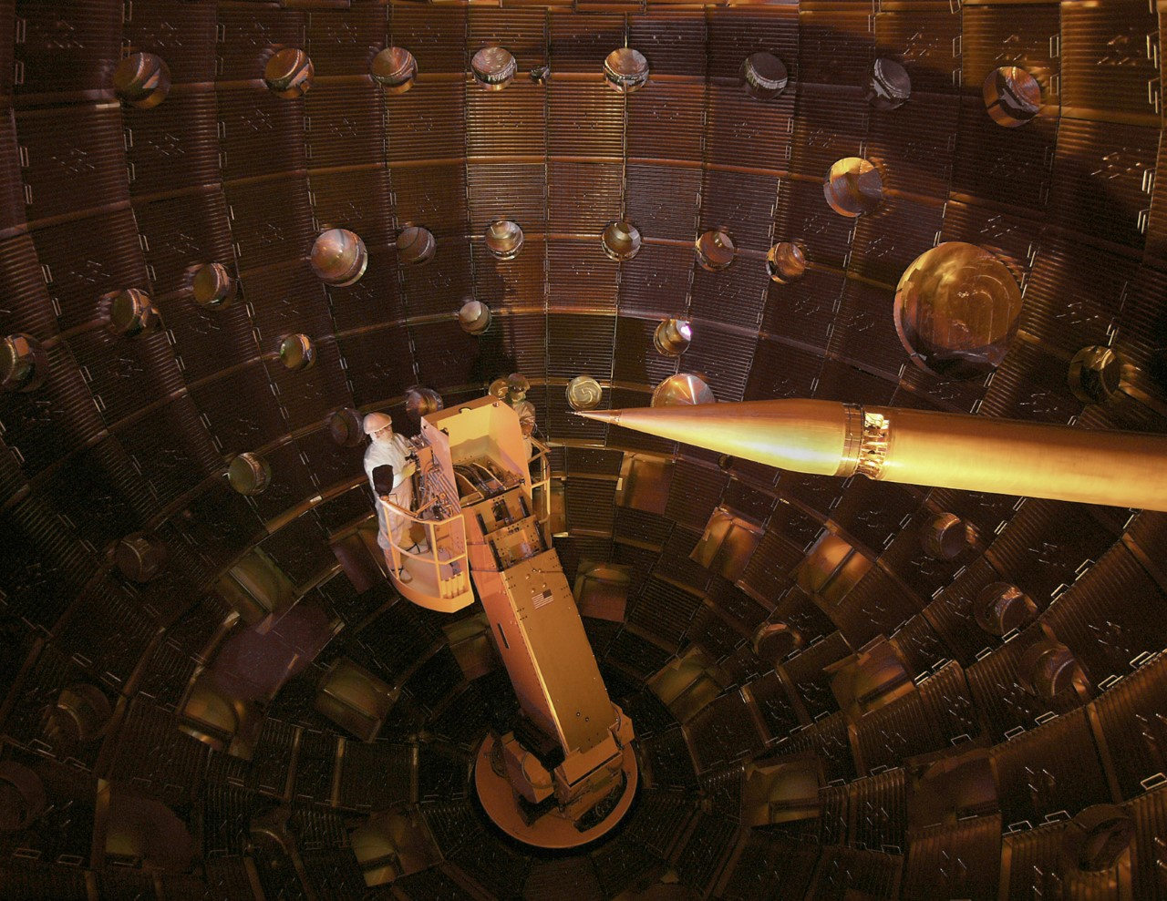 Inside the target chamber at the National Ignition Facility; a review panel is developing plans for modifications for a new round of ICF tests at higher pulse energies.