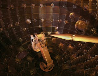 Inside the target chamber at the National Ignition Facility; a review panel is developing plans for modifications for a new round of ICF tests at higher pulse energies.