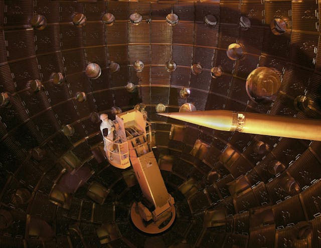 Inside the target chamber at the National Ignition Facility; a review panel is developing plans for modifications for a new round of ICF tests at higher pulse energies.