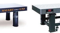 FIGURE 1. The Newport ST-UT2 Series optical table can be upgraded with an iQ active damper system (shown) without dismantling your experiment (left; Courtesy of Newport). The 5300 Series optical table from Kinetic Systems features broadband damping plus quad-tuned dampers in each corner. Retractable castors are an optional accessory (right; Courtesy of Kinetic Systems).