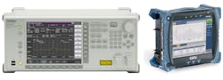 FIGURE 2. Lab vs. Field: Introduced in February 2010, the MS9740A OSA from Anritsu (left) is an example of a lab/benchtop, diffraction-grating-based OSA with a slit for use in the lab. The MS9740A reduces wavelength sweeping time by 80%, down to 0.2 s with 20 pm wavelength accuracy. The MS9740A OSA offers 30 pm minimum RBW, and a dynamic range greater than 70 dB. (Courtesy of Anritsu) The latest development from EXFO is the FTB-5240S (right), a field-ready OSA for either legacy or next-gen applications in a small form factor. Patented polarization differentiations give improved reliability, accuracy, and speed of test. The FTB-5240S can measure in-band OSNR in 40 Gbit/s systems and can be equipped for 10G transport, 10G-Ethernet datacom, and 40G Sonet-SDH. (Courtesy of EXFO) FIGURE 2. Lab vs. Field: Introduced in February 2010, the MS9740A OSA from Anritsu (left) is an example of a lab/benchtop, diffraction-grating-based OSA with a slit for use in the lab. The MS9740A reduces wavelength sweeping time by 80%, down to 0.2 s with 20 pm wavelength accuracy. The MS9740A OSA offers 30 pm minimum RBW, and a dynamic range greater than 70 dB. (Courtesy of Anritsu) The latest development from EXFO is the FTB-5240S (right), a field-ready OSA for either legacy or next-gen applications in a small form factor. Patented polarization differentiations give improved reliability, accuracy, and speed of test. The FTB-5240S can measure in-band OSNR in 40 Gbit/s systems and can be equipped for 10G transport, 10G-Ethernet datacom, and 40G Sonet-SDH. (Courtesy of EXFO)