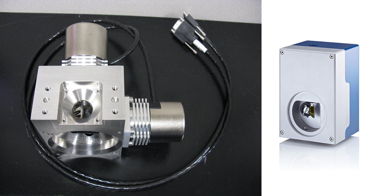 FIGURE 2. The Lightning II x-y scanner system from CTI (left) offers 24 bit resolution, low-drift, ultrahigh thermal stability galvo motors mounted in a resonant-dampening motor block. The 20 mm air-cooled version (shown) is ideal for very accurate micro-machining, while the water-cooled 25 mm version is ideal for via-hole drilling, each available with apertures ranging from 14 to 100 mm. (Courtesy of CTI) Raylase&apos;s Razorscan-AC series (right) of autocalibrating, high-stability galvanometers features a two-axis digital design for material processing such as rapid tooling, deep engraving, edge isolation, and trimming. The Razorscan-AC, available with apertures from 10 to 20 mm, offers &mu;rad deflection control and an aluminum twin-shell design to ensure temperature equilibrium up to 40&deg;C. (Courtesy of Raylase)