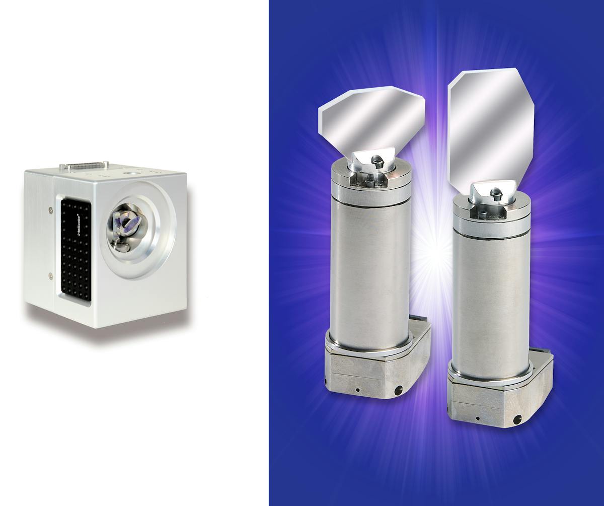 FIGURE 3. The intellicube10 scan head (left) from Scanlab features a compact sealed housing, digitally controlled scan systems, real-time monitoring of actual position, and advanced status information. Options include vector-tuning or jump-tuning, and on-the-fly processing of moving parts, ideal for marking, coding, and semiconductor and electronics manufacturing. (Courtesy of Scanlab) Nutfield Technology&apos;s rotor and mirror-mount design on the QS-12 galvo (right) creates higher rotor resonant frequencies to produce industry-leading scanning speed and accuracy for 10, 15, and 20 mm mirror applications. The QS-12 offers a small step response of 400 &mu;s (settled to 99.9%) with a 15 mm x-mirror, and repeatability of less than 10 &mu;rad. (Courtesy of Nutfield Technology)