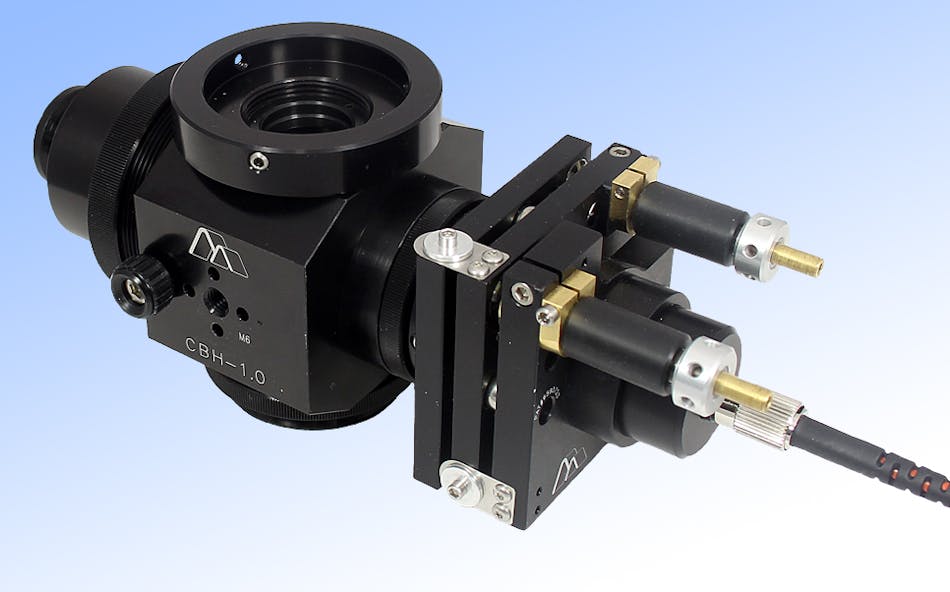 FIGURE 2. The IS-OGP is a modular sub-assembly from Siskiyou that collimates light from an input single-mode fiber and directs it anywhere in the field of view of an upright microscope via a 45&deg; beamsplitter. The resultant light spot has an adjustable diameter and can be precisely located or scanned via mechanical (differential screw) or automated actuators.