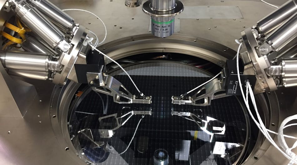 FIGURE 1. Two H-811 miniature hexapods made by PI for fast, multichannel parallel alignment (FMPA) are mounted on a Cascade Microtech silicon-photonics wafer prober.